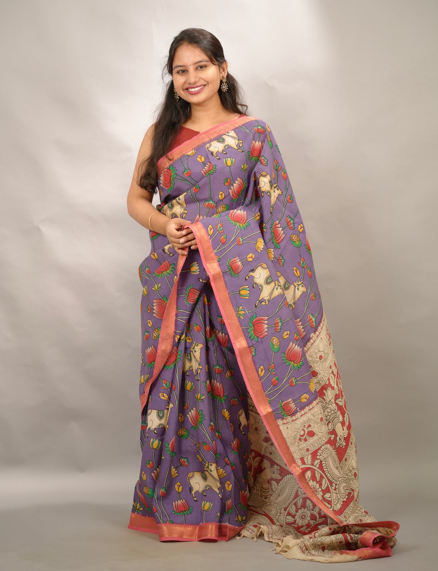 Lavender Kalamkari Nizam Border Chennur Silk Saree | Looms & Tassels
