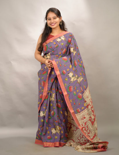 Lavender Kalamkari Nizam Border Chennur Silk Saree | Looms & Tassels