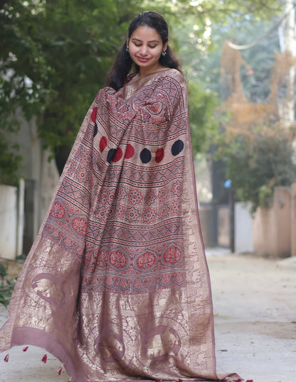 Traditional Badam Butta Ajrakh Handblock Printed Dola Silk Saree