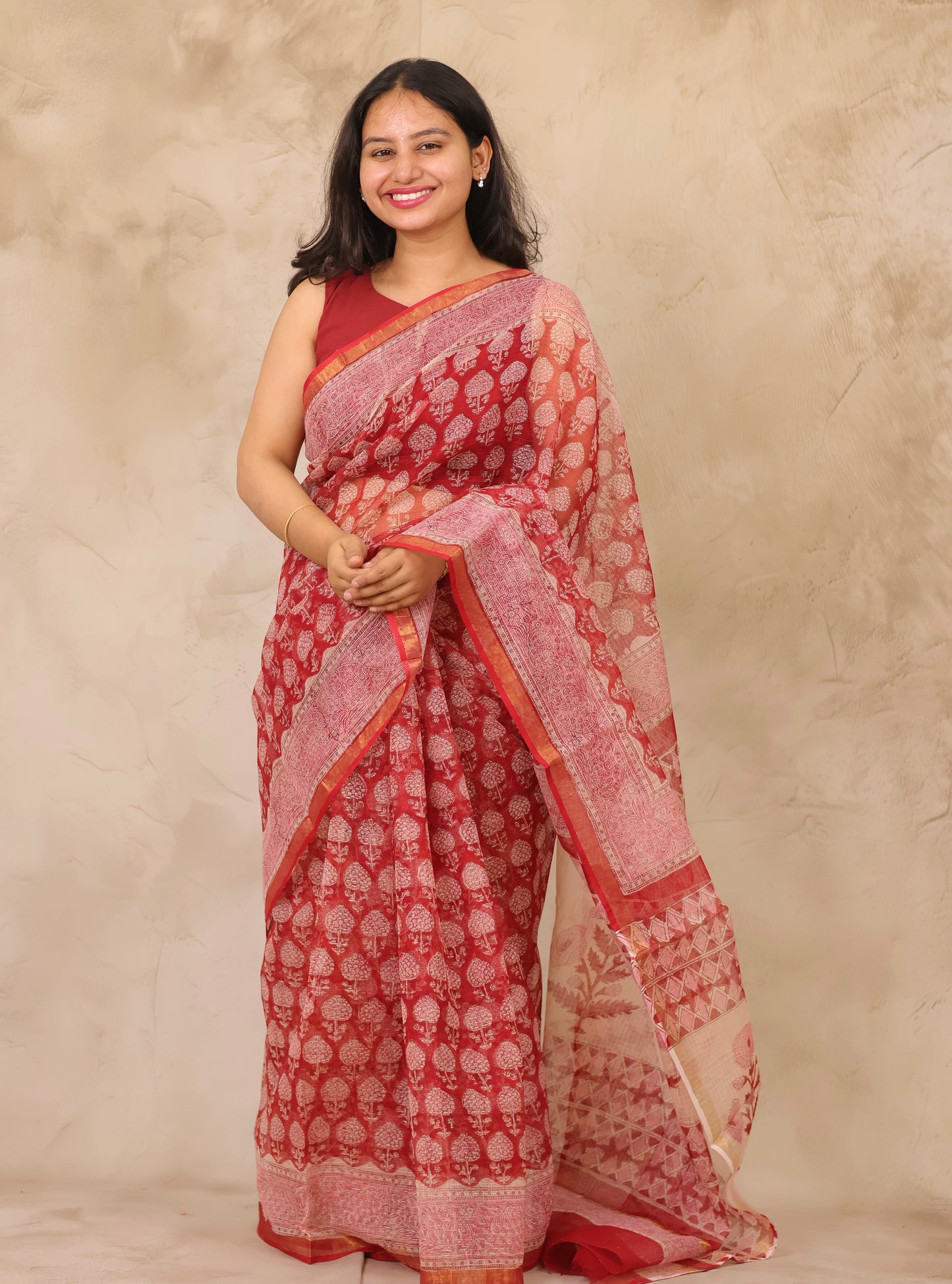 Maroon Pure Kota Doria Saree with Bagru Handblock Prints | Looms & Tassels