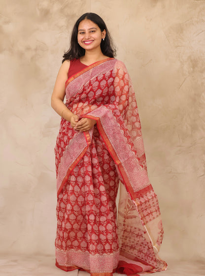 Maroon Pure Kota Doria Saree with Bagru Handblock Prints | Looms & Tassels