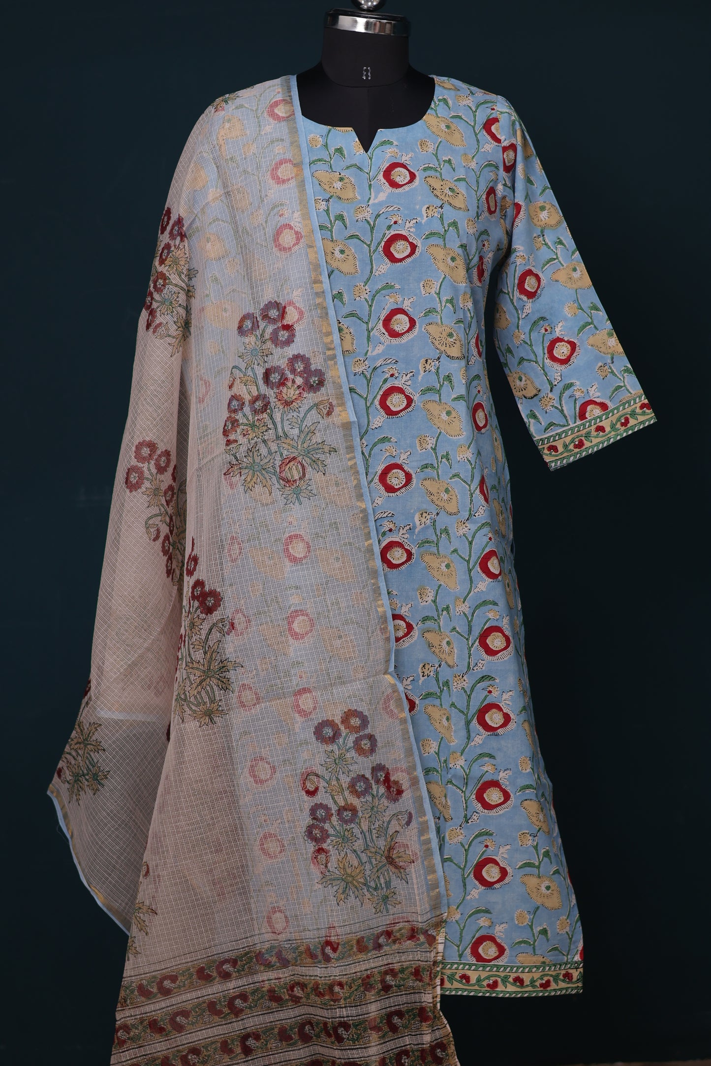 Sky Blue Handblock printed Pure Mul Cotton with Kota Doria Duppata 3 piece suit (stitched)