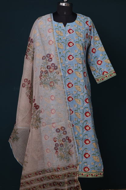 Sky Blue Handblock printed Pure Mul Cotton with Kota Doria Duppata 3 piece suit (stitched)