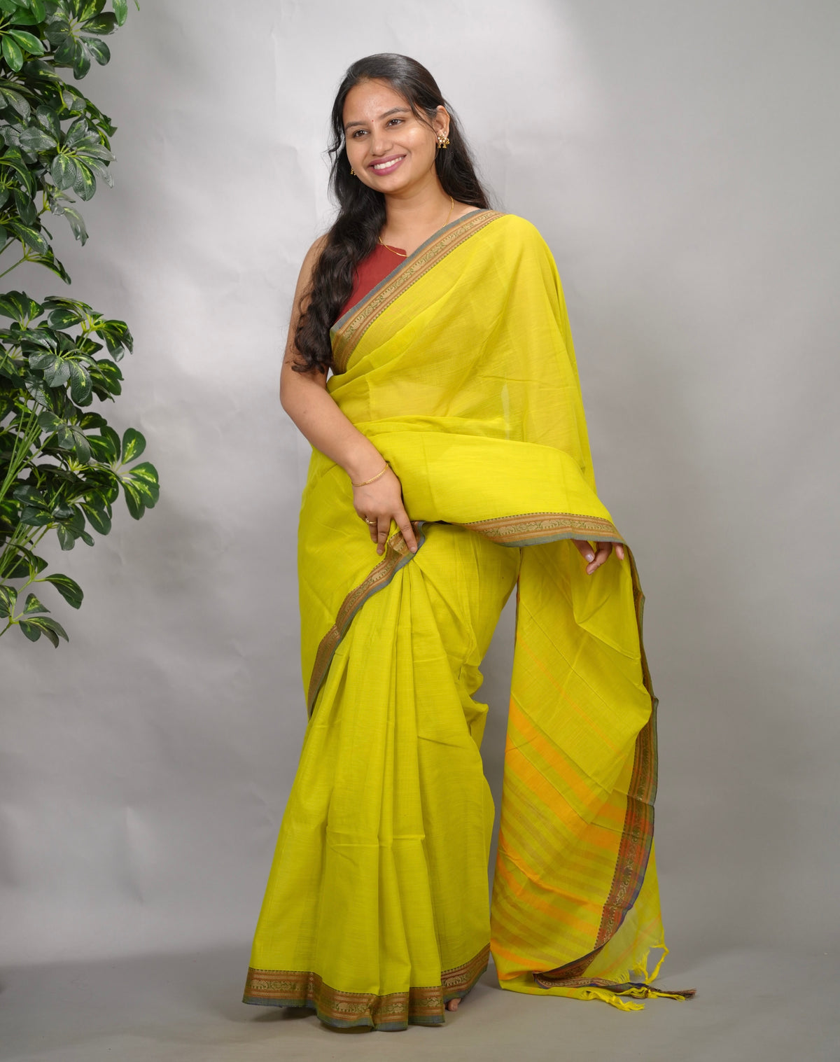Lemon Green Narayanpet Cotton Saree | Looms & Tassels