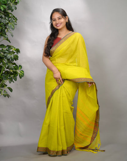 Lemon Green Narayanpet Cotton Saree | Looms & Tassels