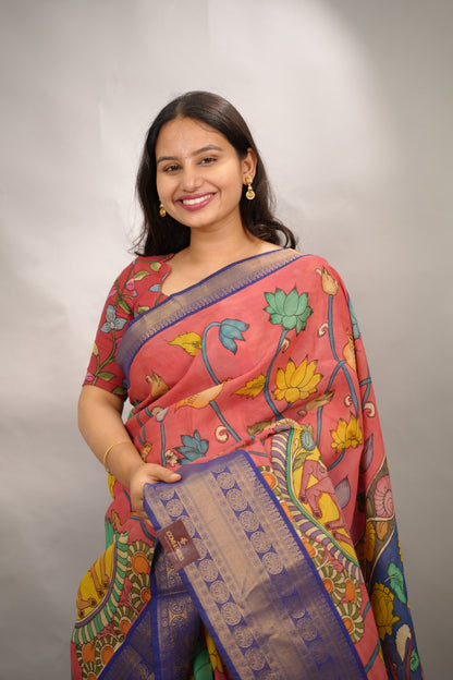 Peach Hand Drawn Pen Kalamkari Bangalore Silk Kanchi Border Saree | Looms & Tassels