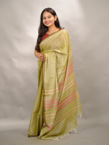 Olive green Narayanpet Cotton Saree | Looms & Tassels