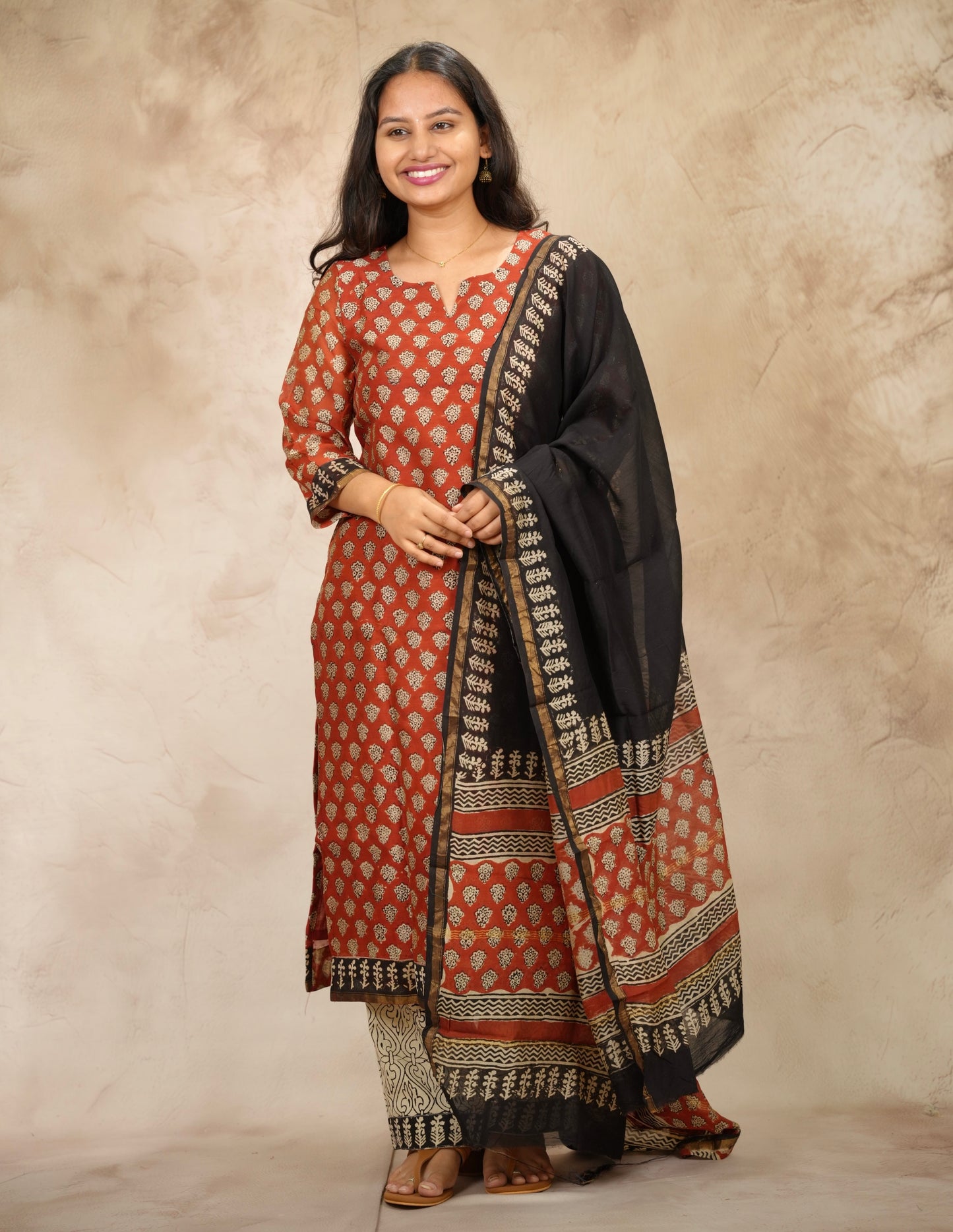 Maroon Handblock printed Pure Chenderi Silk 3 piece suit (stitched) | Looms & Tassels