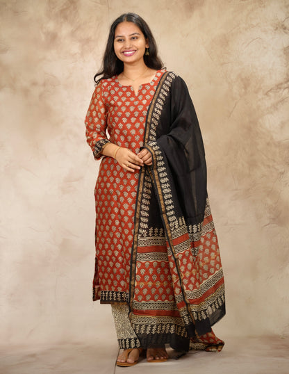 Maroon Handblock printed Pure Chenderi Silk 3 piece suit (stitched) | Looms & Tassels