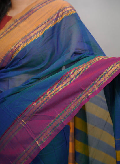 Peacock Blue Narayanpet Cotton Saree With Ganga And Jamuna Border | Looms & Tassels
