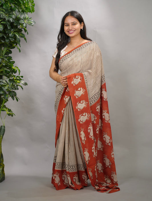 Stripes Contemporary Georgette Hand Block Printed Saree| Looms & Tassels