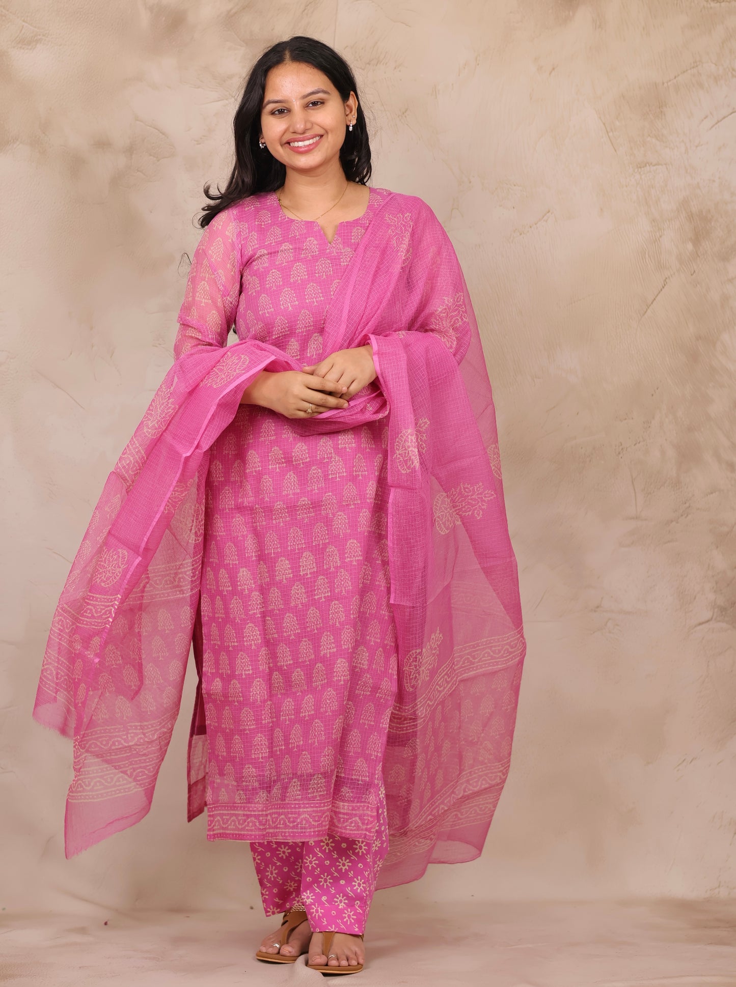 Pastel Pink Bagru Handblock printed kota 3 piece suit (stitched)