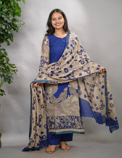Blue Kalamkari Kota Cotton 3 piece suit (stitched) | Looms & Tassels