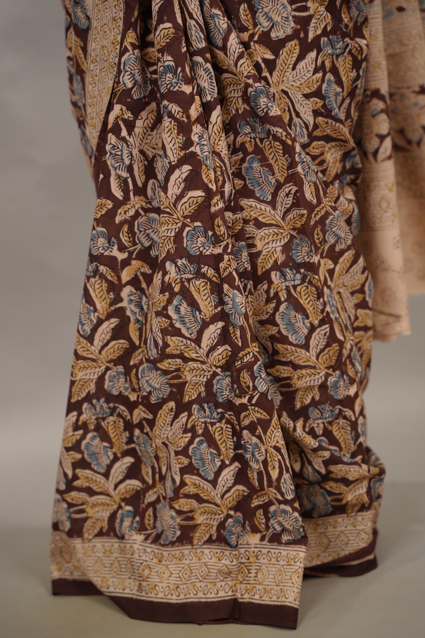 Maroon Hand Block Printed Kalamkari Cotton Saree | Looms & Tassels
