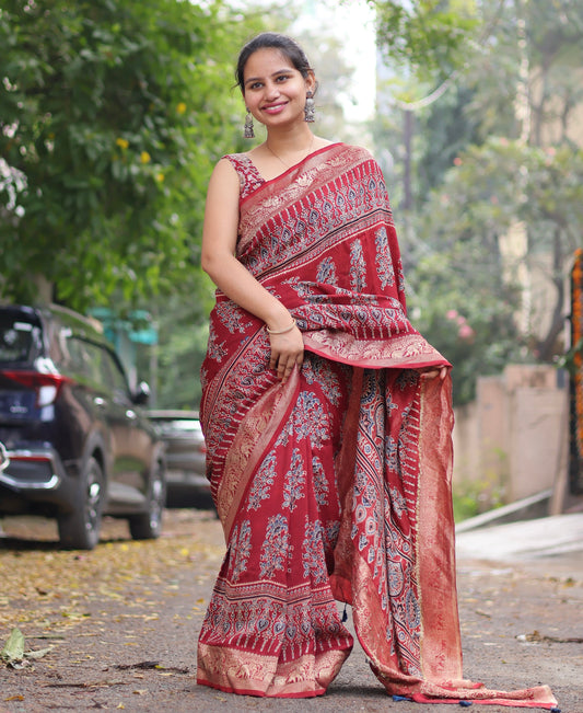 Ajrakh Dola Silk Saree