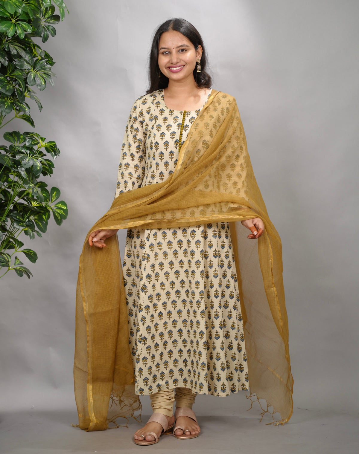 Cream Ajrakh Cotton Kali Kurta | Looms & Tassels