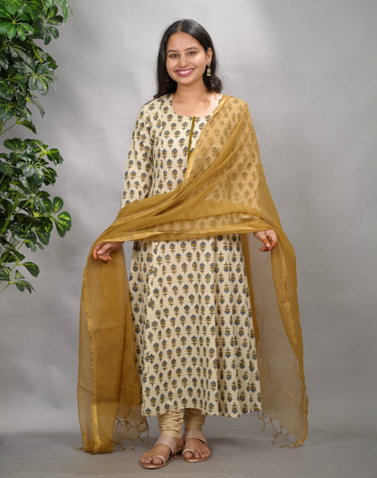 Cream Ajrakh Cotton Kali Kurta | Looms & Tassels