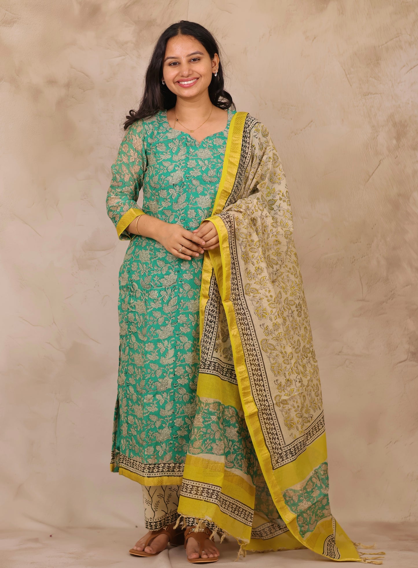 Sea Green Handblock printed Pure Maheswari Silk 3 piece suit (stitched)