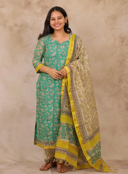 Sea Green Handblock printed Pure Maheswari Silk 3 piece suit (stitched)