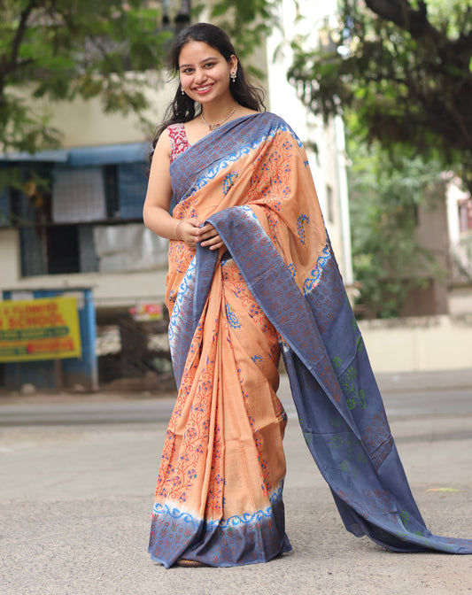 Hand dyeing premium chennur silk with block prints saree