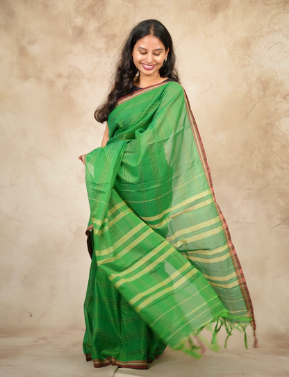 Parrot Green Narayanpet Cotton Saree lines weaving | Looms & Tassels