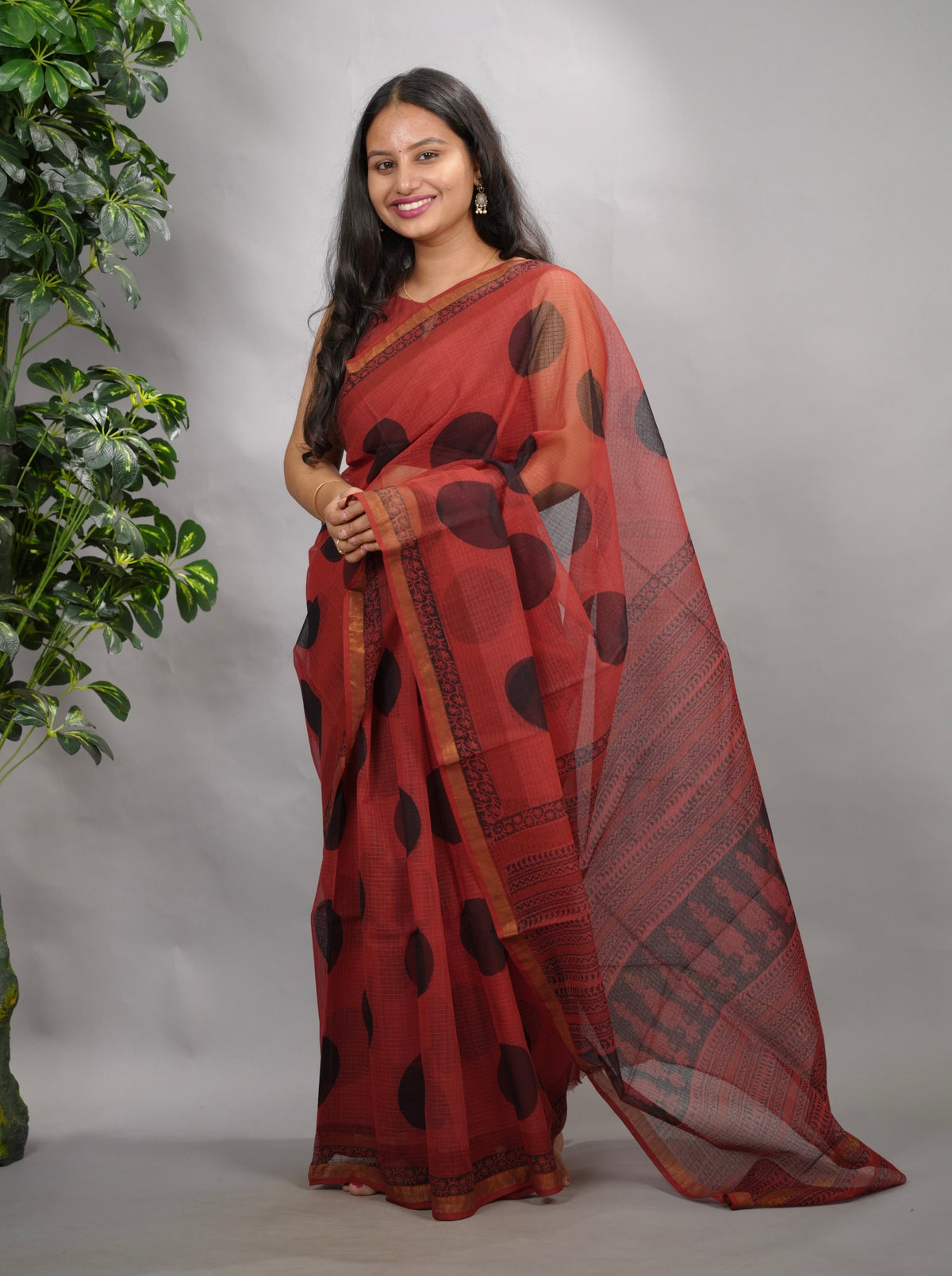 Rust Red Pure Kota Doria Saree with Bagru Handblock Prints