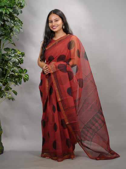 Rust Red Pure Kota Doria Saree with Bagru Handblock Prints