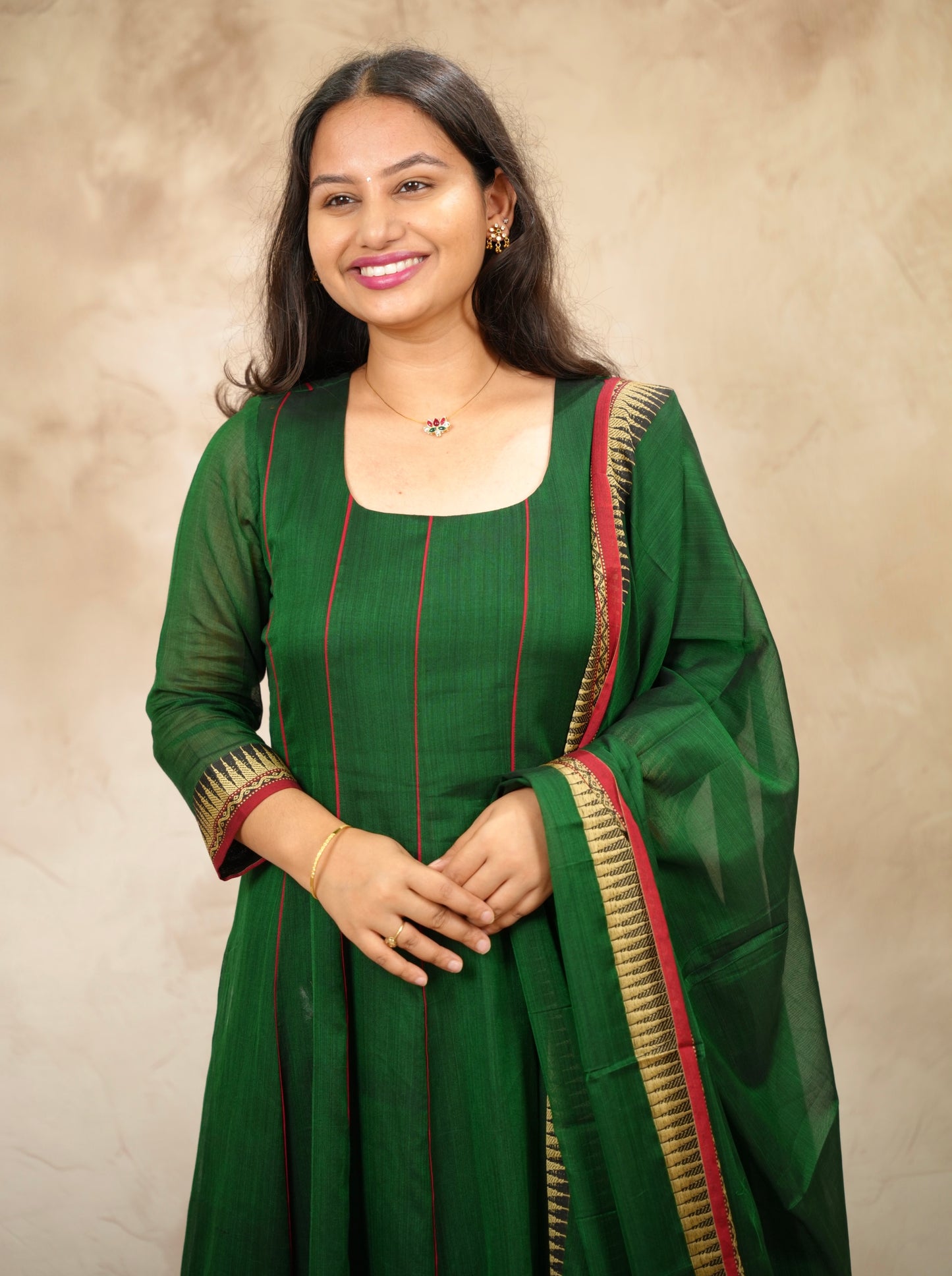 Green Narayanpet Cotton Anarkali Dress with Narayanpet Dupatta | Looms & Tassels