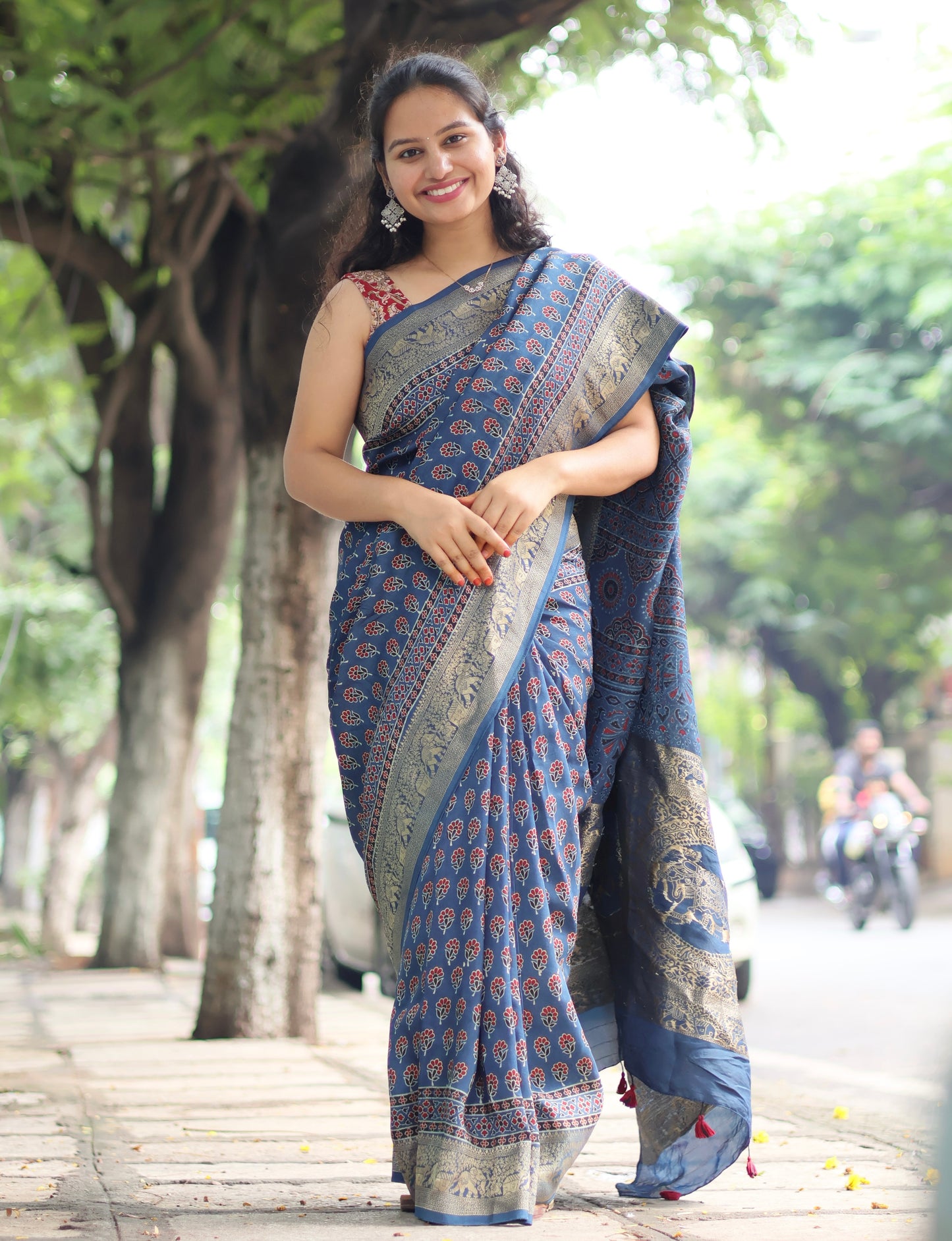 Blue Ajrakh Dola Silk Saree