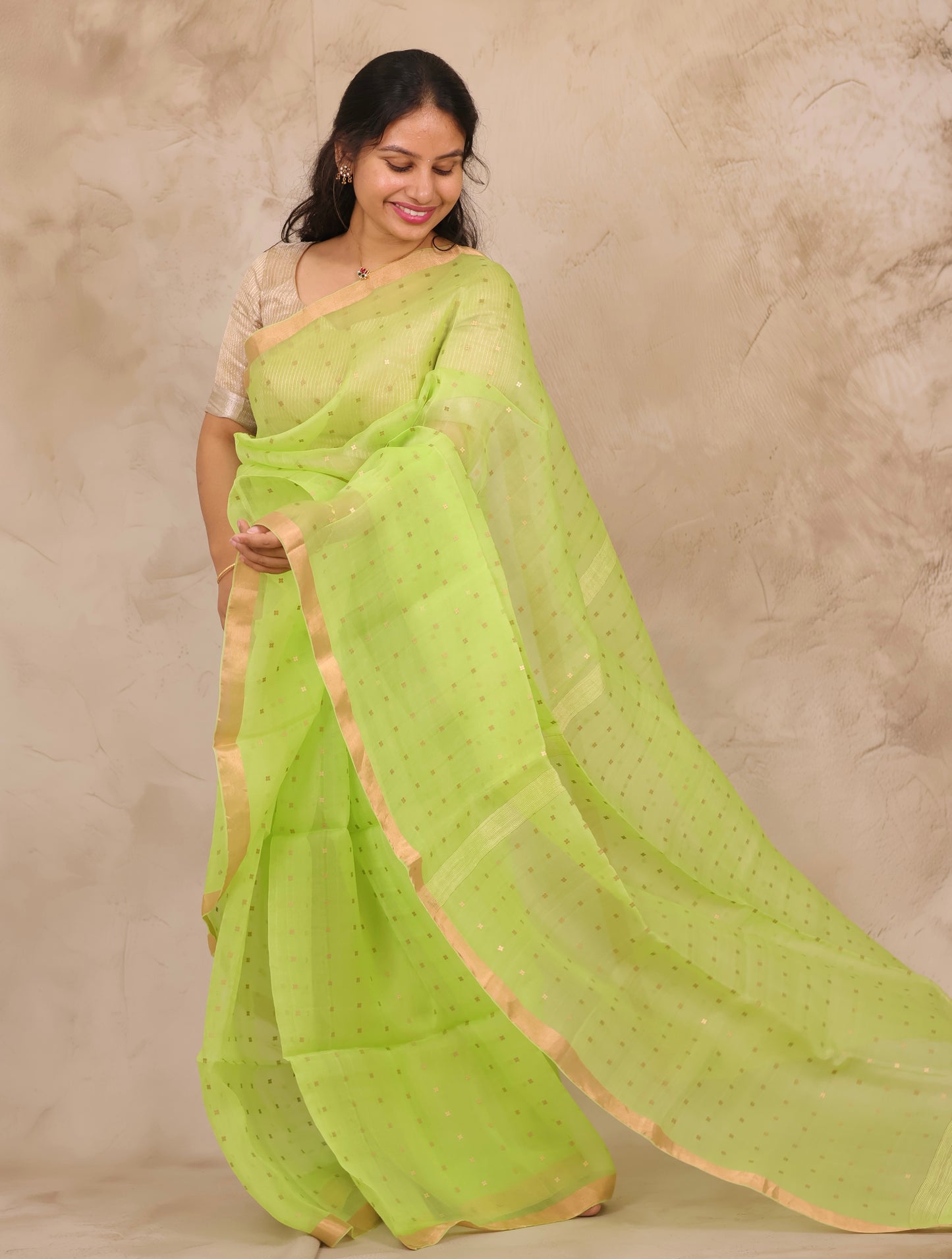 Pista Green Handwoven Muslin Silk Saree With Sequence Work | Looms & Tassels