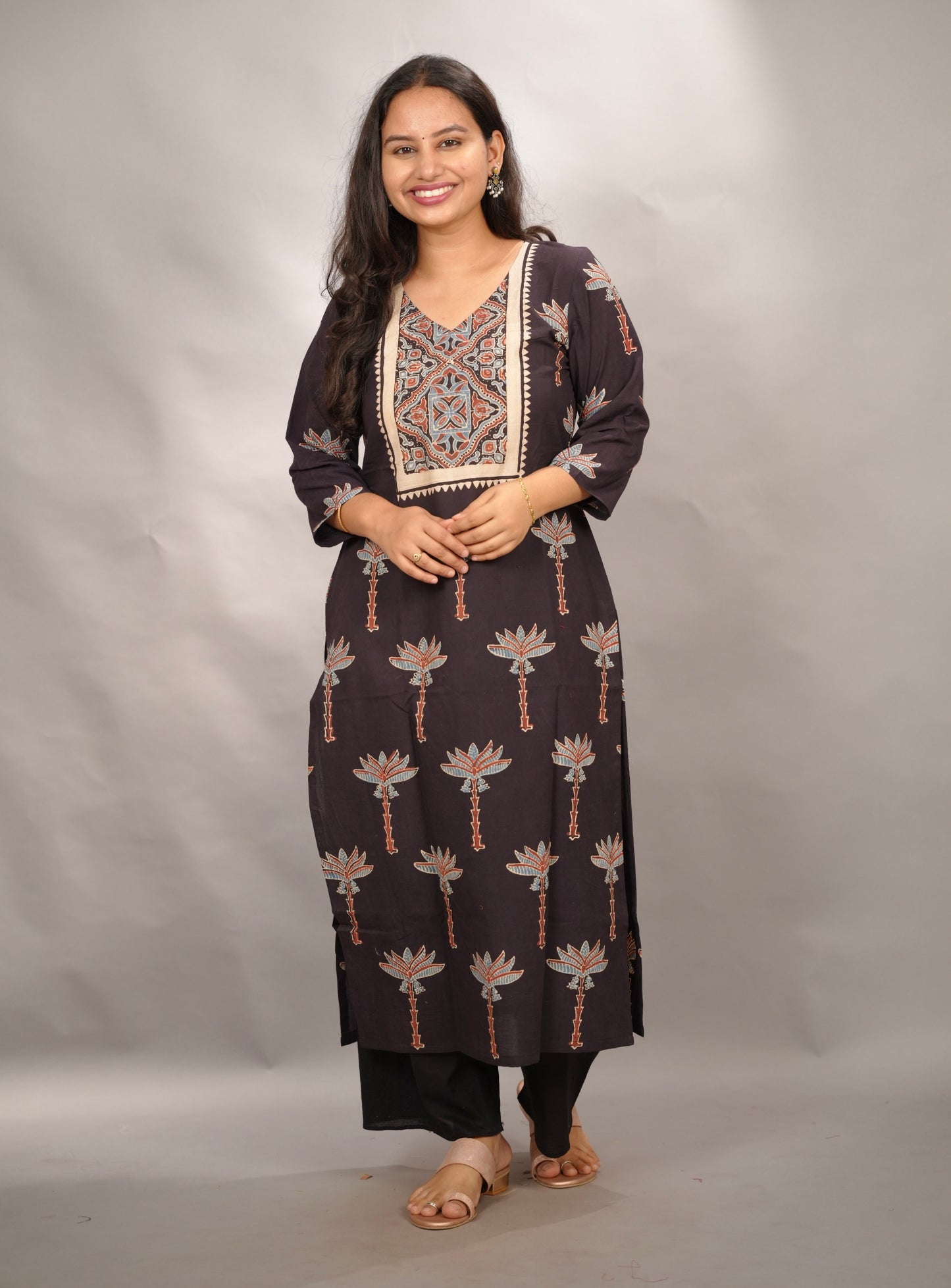 Black Ajrakh Pattern Hand Block printed Kurti | Looms & Tassels