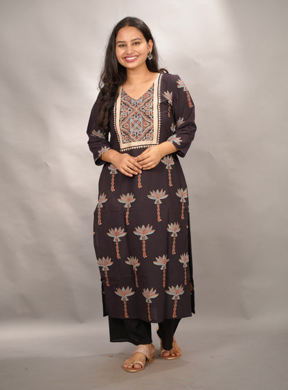 Black Ajrakh Pattern Hand Block printed Kurti | Looms & Tassels
