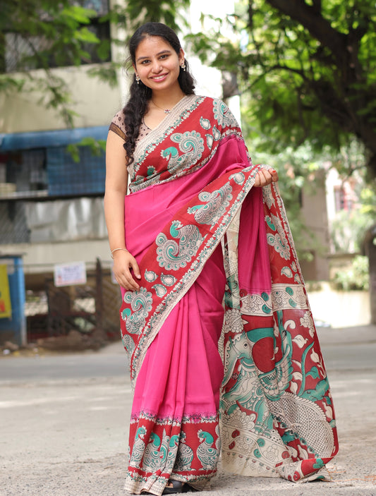 Pink & Red Kalamkari dyeing premium chennur silk saree