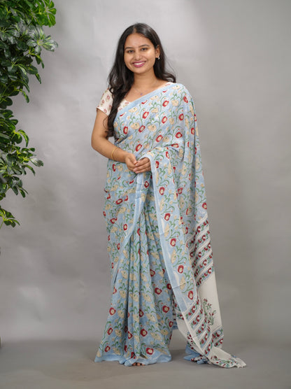Powder Blue Georgette Hand Block Printed Saree| Looms & Tassels
