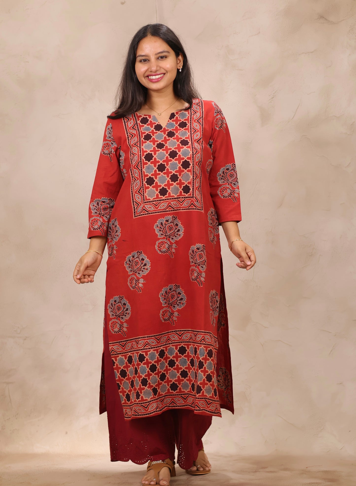 Red Ajrakh Pattern Hand Block Cotton printed Kurti | Looms & Tassels