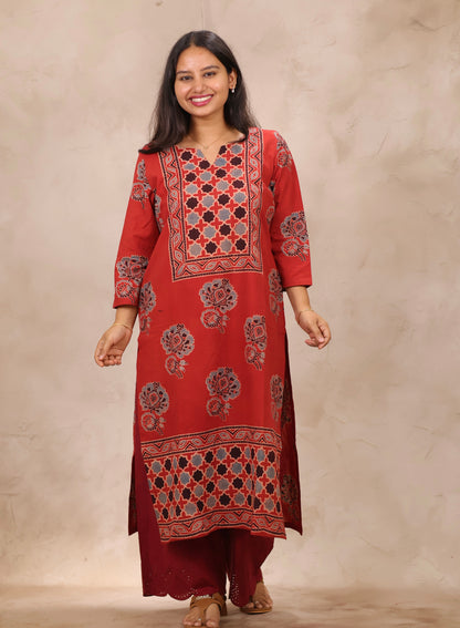 Red Ajrakh Pattern Hand Block Cotton printed Kurti | Looms & Tassels