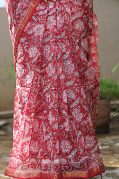 Red Bagru Hand block printed Kota Doriya Saree
