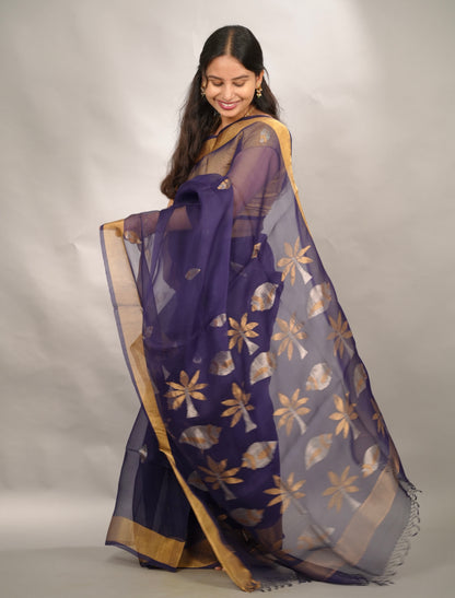 Dark Blue Handloom Muslin Silk Saree With jamdhani weaving | Looms & Tassels