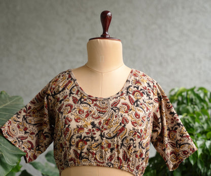 Cream Round Neck With Back Zip Stretchable Hand block printed kalamkari blouse