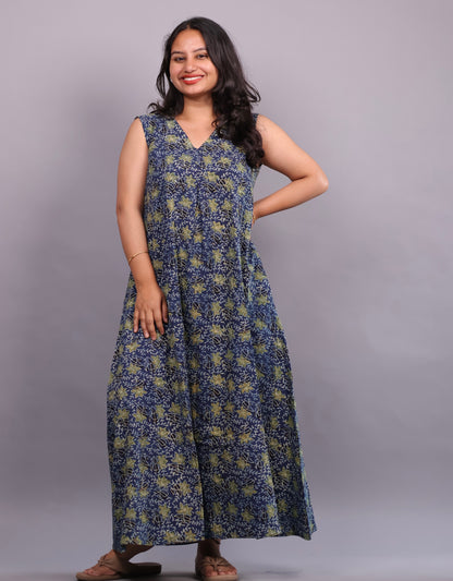 Blue Ajrakh Handblock Printed A-Line Cotton Kurti – Elegant & Comfortable Ethnic Wear | Looms & Tassels