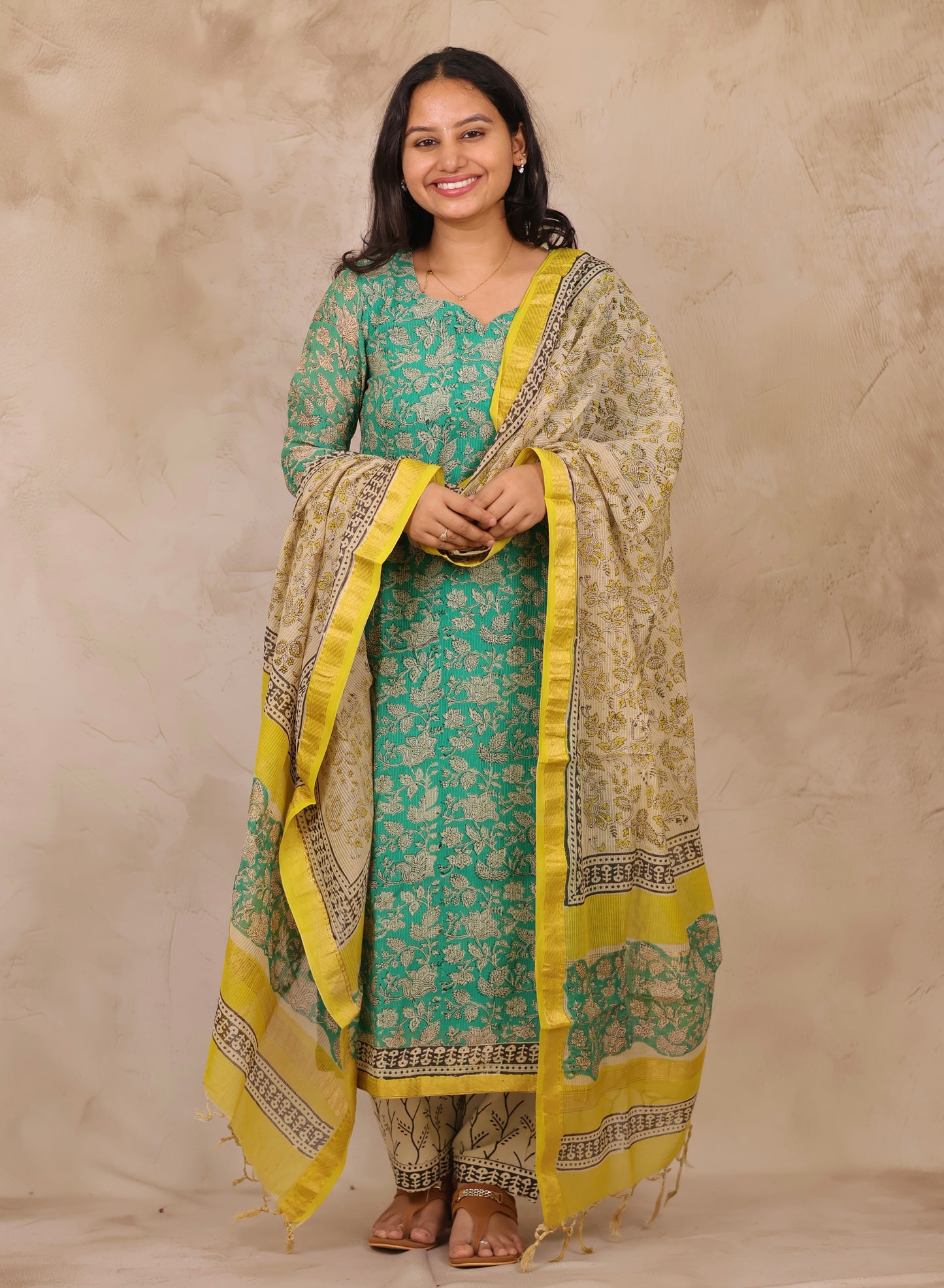 Sea Green Handblock printed Pure Maheswari Silk 3 piece suit (stitched)