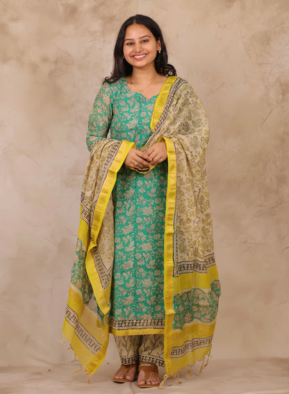 Sea Green Handblock printed Pure Maheswari Silk 3 piece suit (stitched)