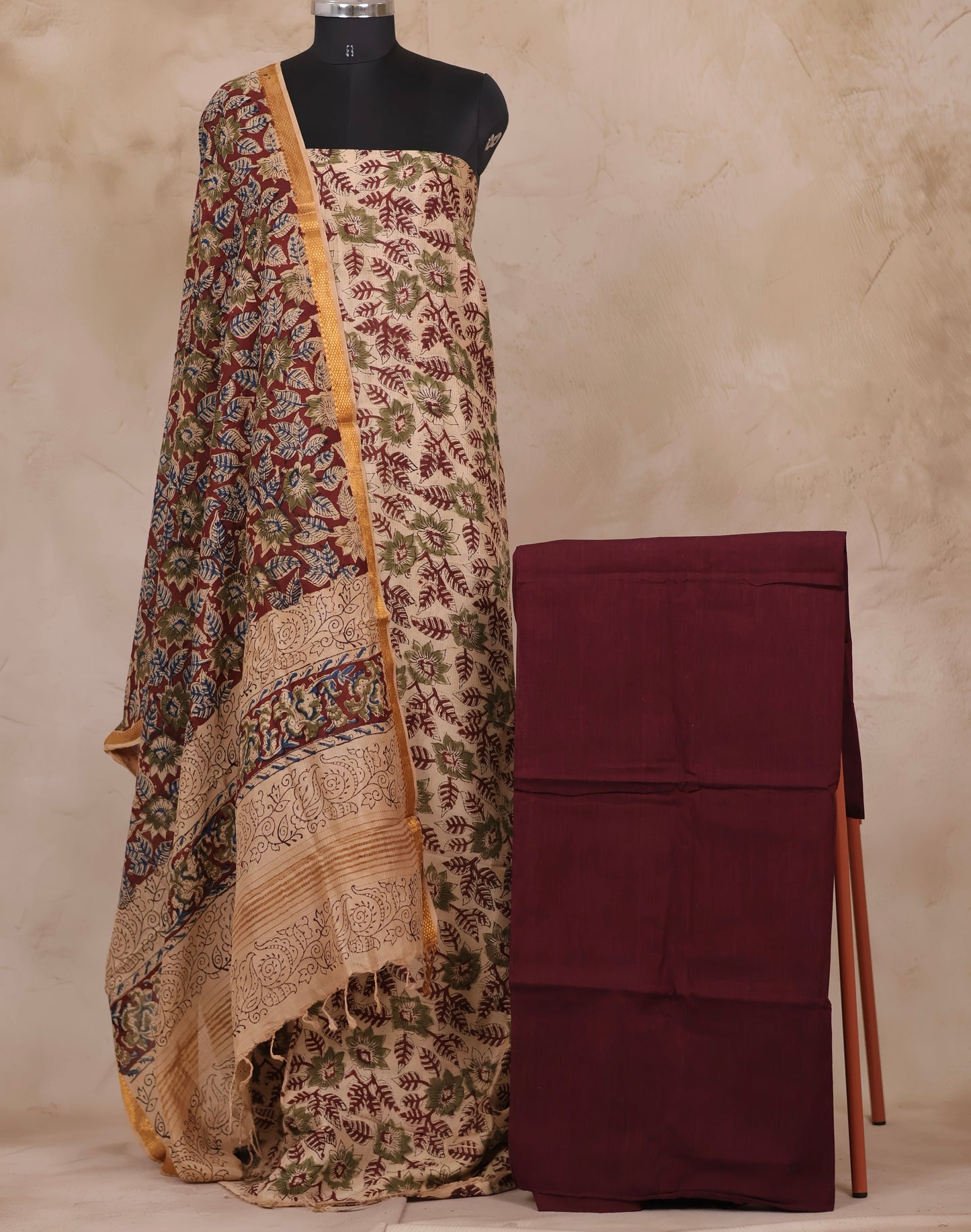 White And Maroon Hand Block Printed Kalamkari Unstitched 3pc Suit Set