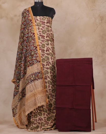 White And Maroon Hand Block Printed Kalamkari Unstitched 3pc Suit Set