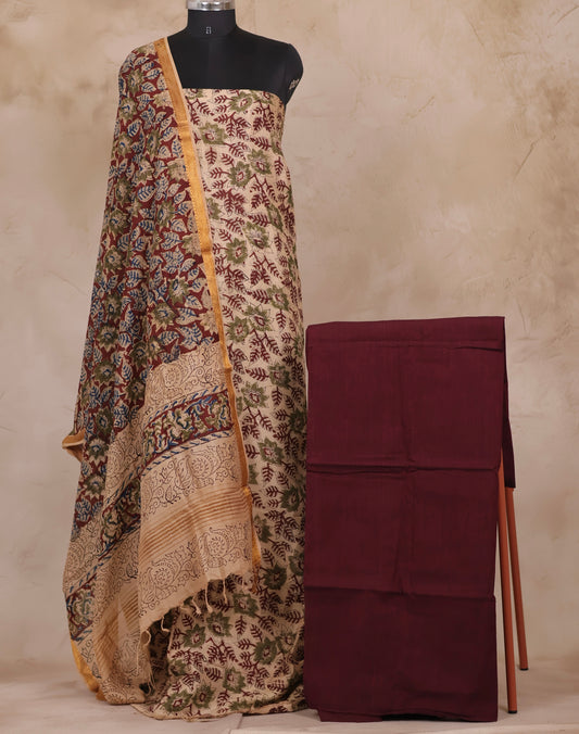 White And Maroon Hand Block Printed Kalamkari Unstitched 3pc Suit Set