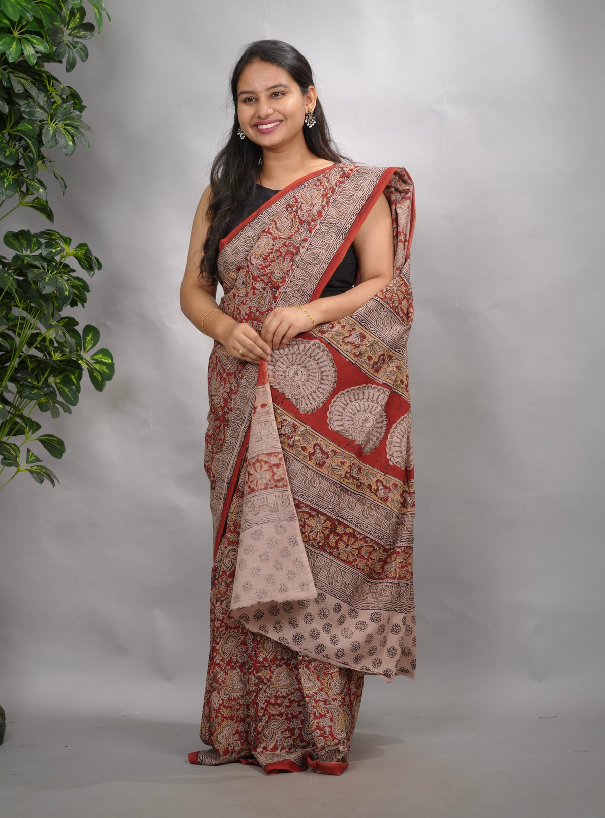 Maroon Hand Block Printed Kalamkari Cotton Saree | Looms & Tassels