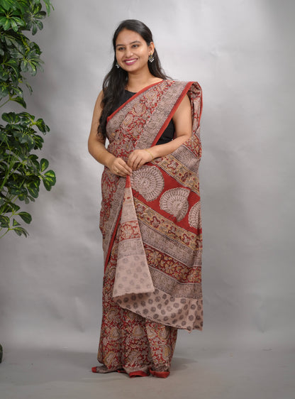 Maroon Hand Block Printed Kalamkari Cotton Saree | Looms & Tassels