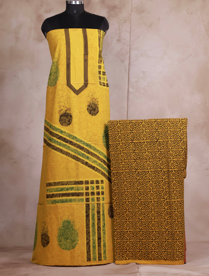Yellow Ajrakh Handblock Printed Pure Cotton 3 piece suit set | Looms & Tassels