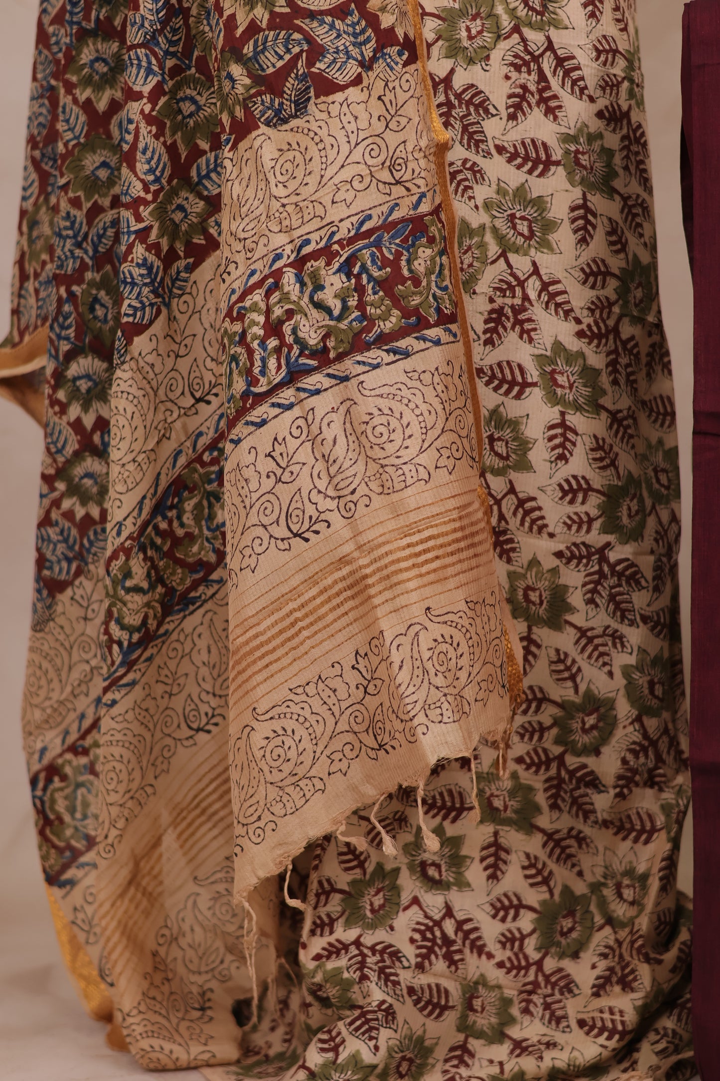 White And Maroon Hand Block Printed Kalamkari Unstitched 3pc Suit Set