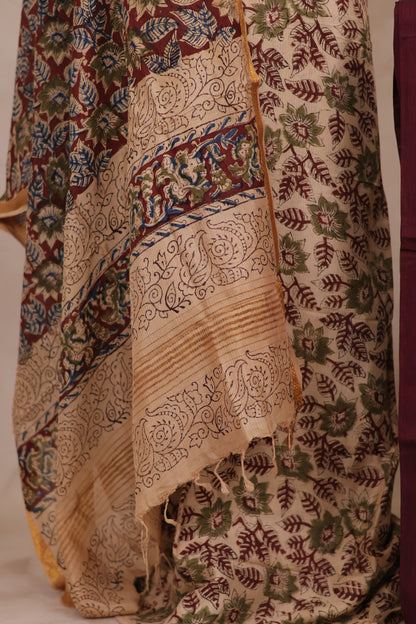 White And Maroon Hand Block Printed Kalamkari Unstitched 3pc Suit Set